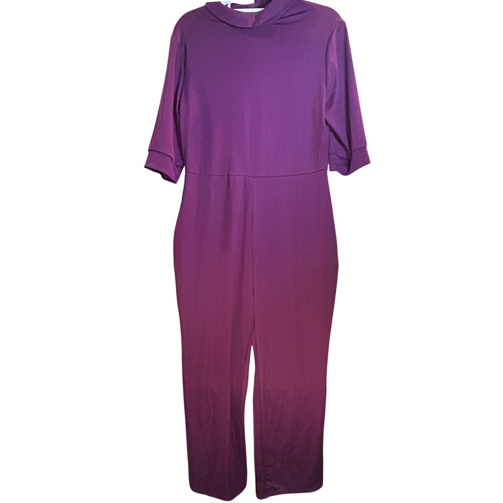 Purple Maroon Mock Neck Wide Leg Jumpsuit Elegant Mockneck Casual Chic XL